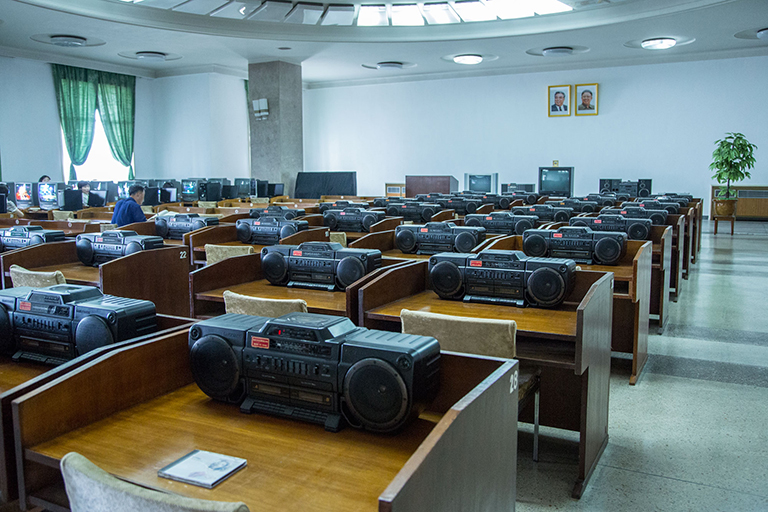 The boom-box ghetto inside the audio/video room at the Grand People's Study House, where I was forced to listen to a bootleg Madonna CD as proof NoKo owns all the music in the world.